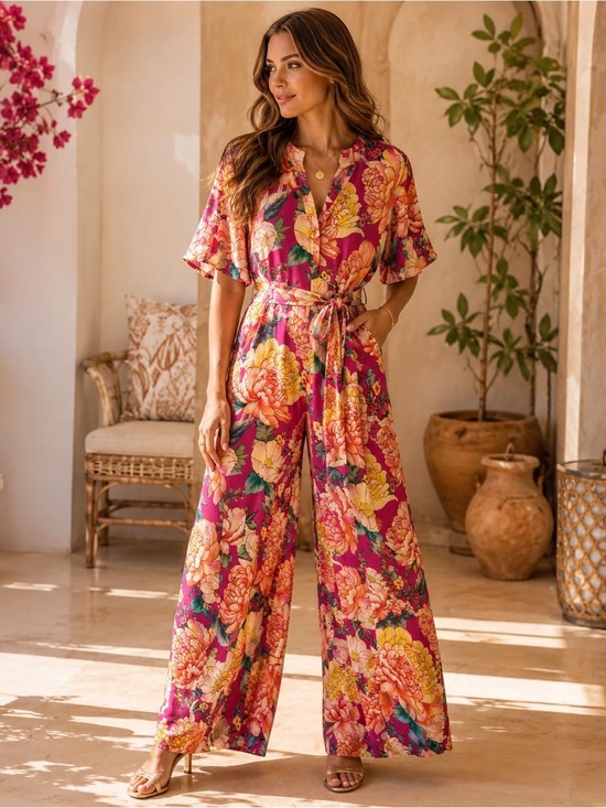 FARM Rio Pants - Farm Rio floral  Magenta Wide-Leg Jumpsuit with Tie Waist